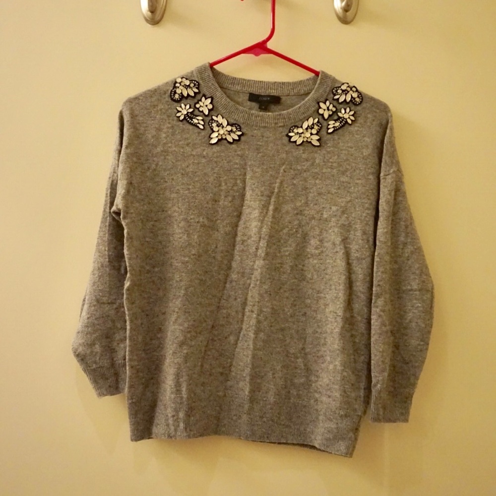 JCrew Opal Embellished Gray Sweater